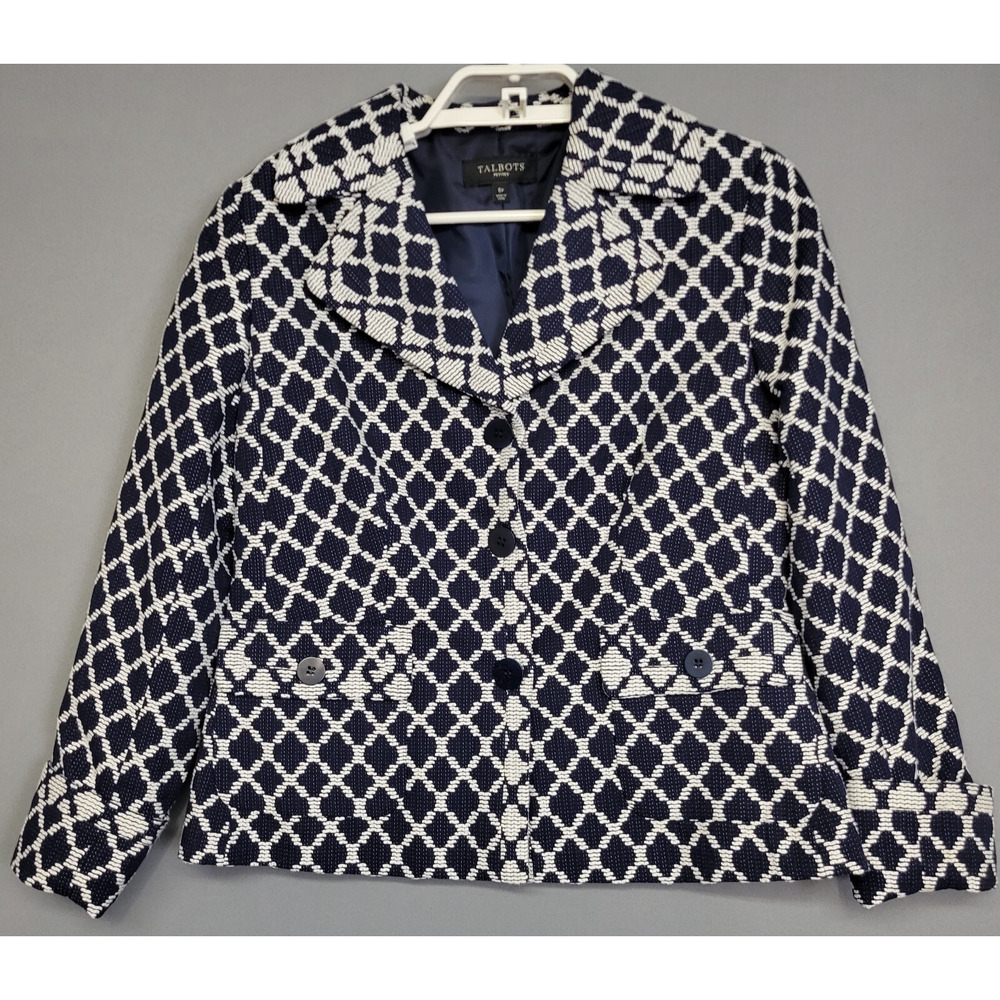 Talbots Knit Woven Tweed Blazer Womens 6 Petites Blue Classy Preppy Old Money